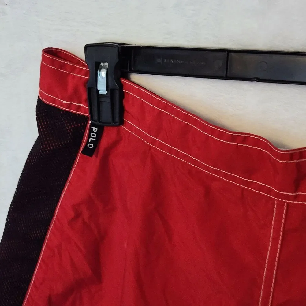 Vintage 90s Polo Sport Mens 34 Ralph Lauren Board Shorts Red Spellout Nylon Surf